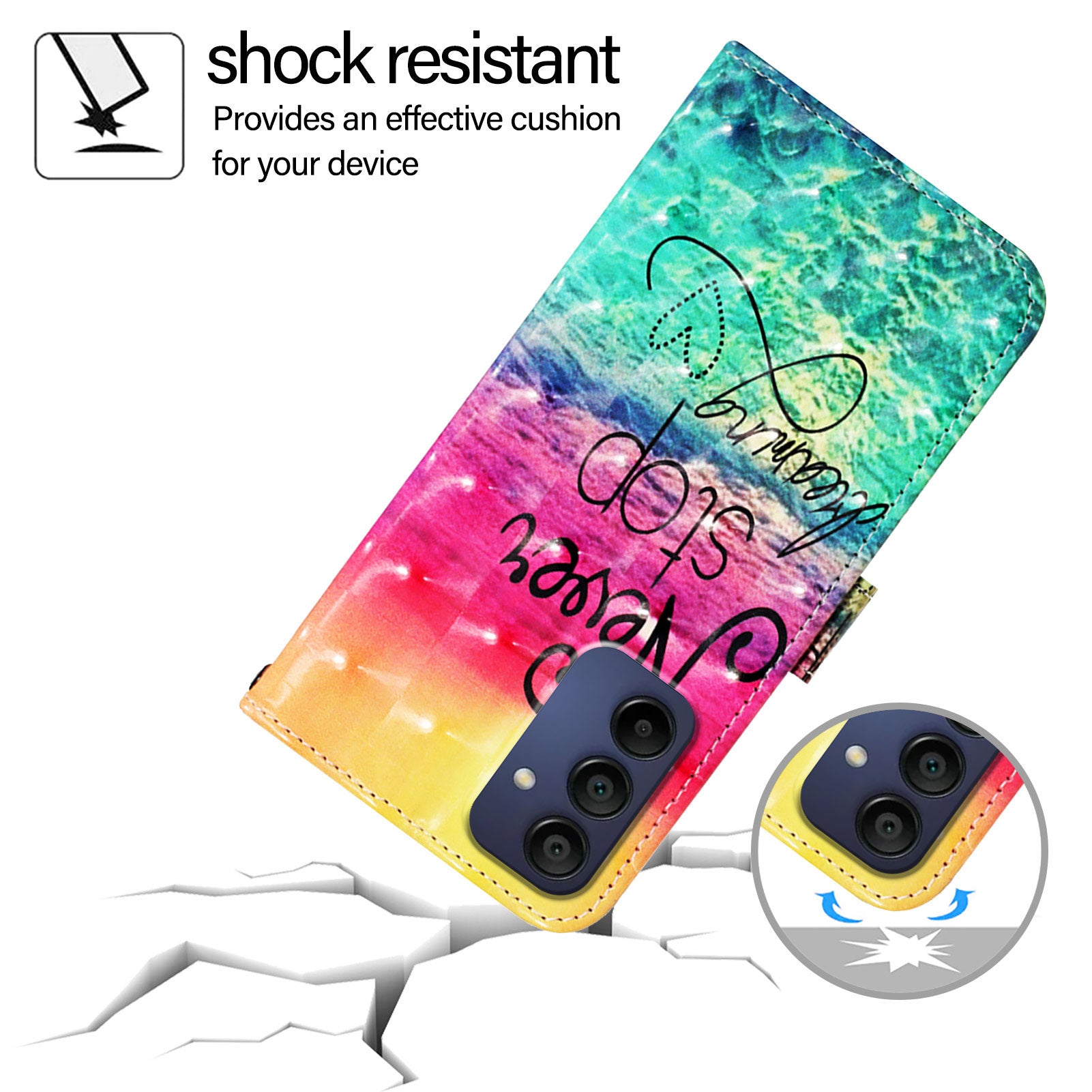 For Samsung Galaxy A16 5G / A16 4G Leather Case YB Pattern Printing Leather Series-2 Pattern Printing Wallet Stand Cover - Never Stop Dreaming For Samsung Galaxy A16 5G / A16 4G Leather Case YB Pattern Printing Leather Series-2 Pattern Printing Wallet Stand Cover - Never Stop Dreaming